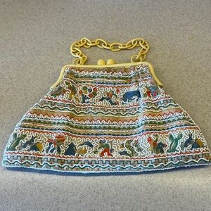 Vintage Beaded and cloth Purse 1960s saguaro cactus jackrabbits southwest
